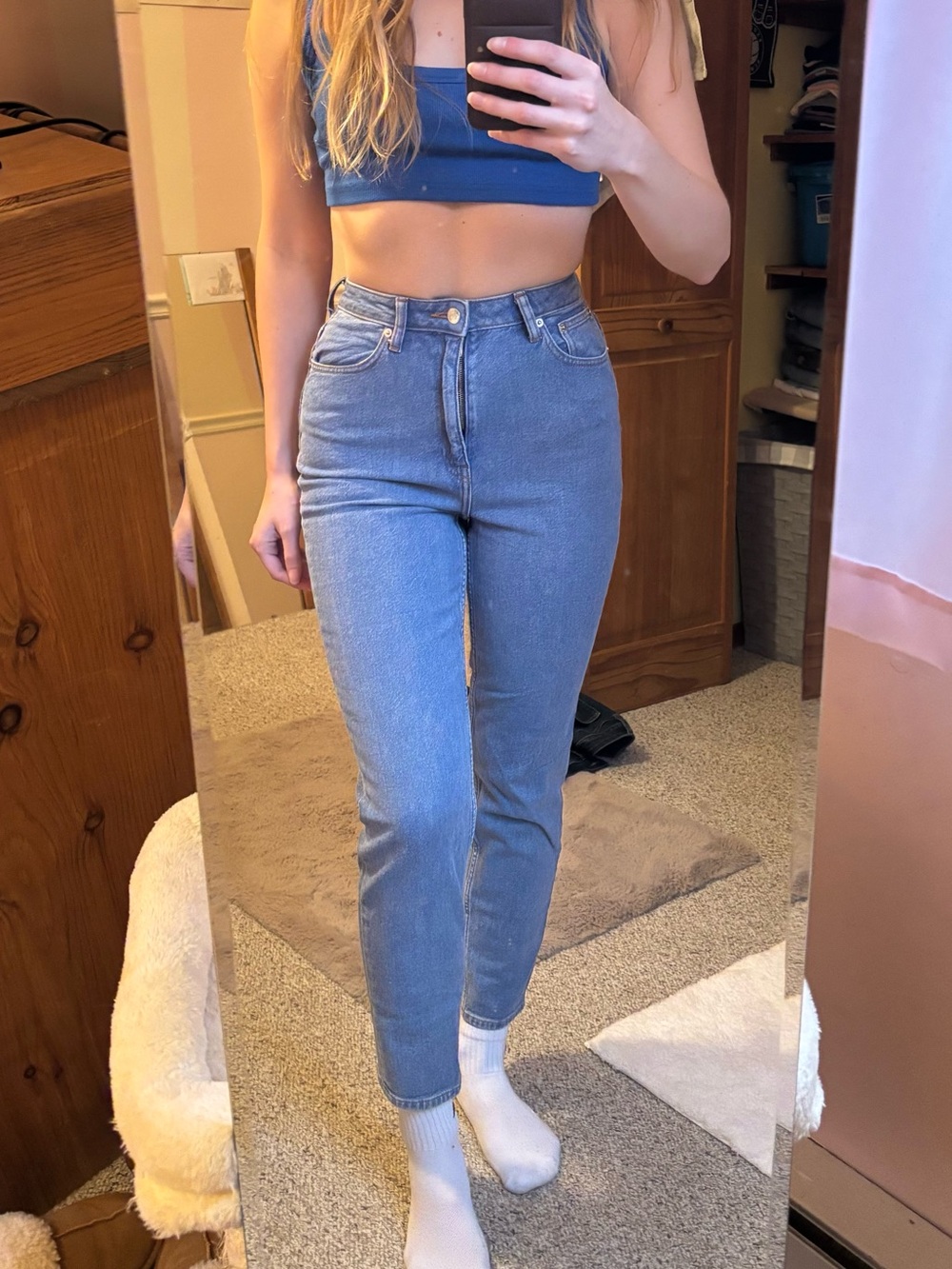 ASOS High-Rise Straight Jeans in Medium Blue Wash
